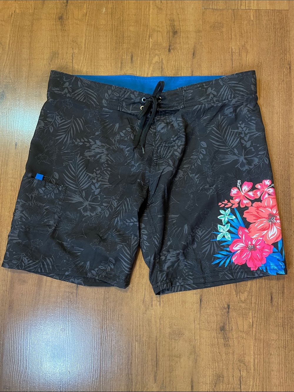 burnside Black Board Shorts with Pink & Blue Floral Accent